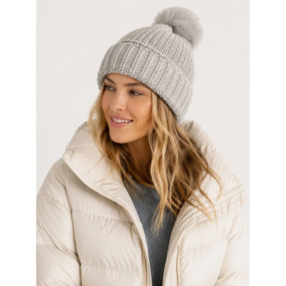 Jules Kae Beanie Pom Pom‎ Hat Womens Grey Knit Faux Fur Recycled Vegan NEW
